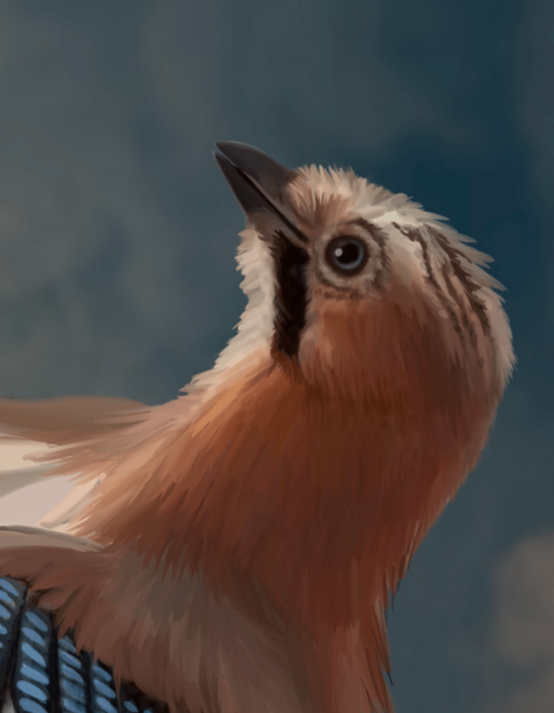 Detailed image of the head of the second jaybird. Beige head, stripes on the head. Glint in the eye, amused expression on its face. 