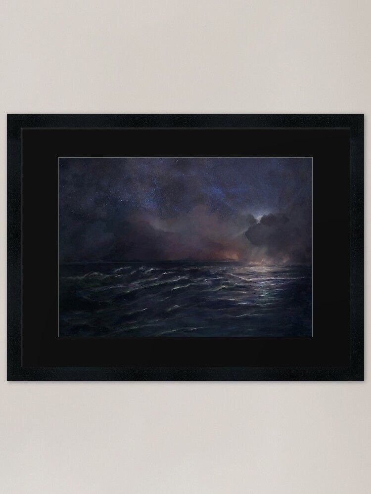 Framed product in black passé-partout. Digital painting of the ocean at night with a starry night sky above, a moon mostly hidden behind some clouds, rays of moonlight shining on the water. Despite it being dark toned, it is very vibrant.