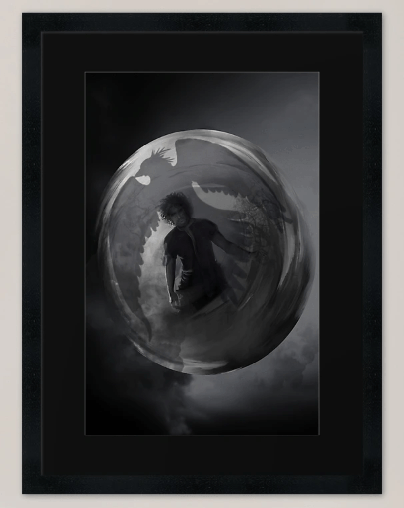 Book cover design. Black white design. There is a bubble floating in a grey toned stormy sky, inside the bubble is a curly haired man looking towards the viewer. Behind him is a shadow of a large raven. It's dark, gloomy, and mysterious, 

In a black frame. Product image.
