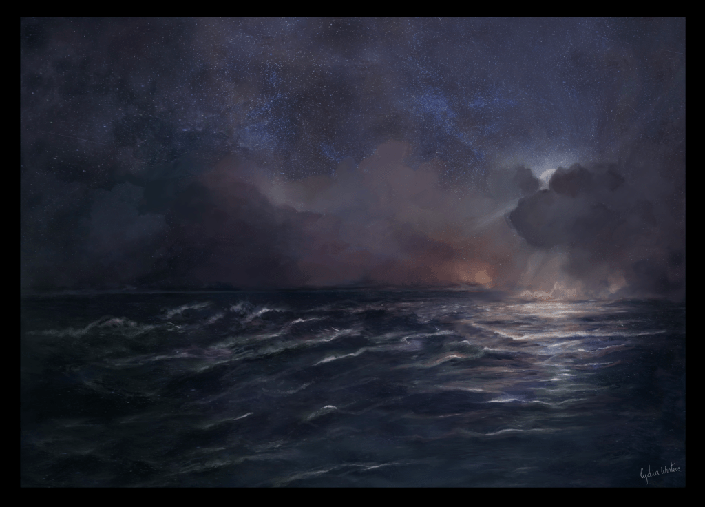 Digital painting of the ocean at night with a starry night sky above, a moon mostly hidden behind some clouds, rays of moonlight shining on the water. Despite it being dark toned, it is very vibrant.