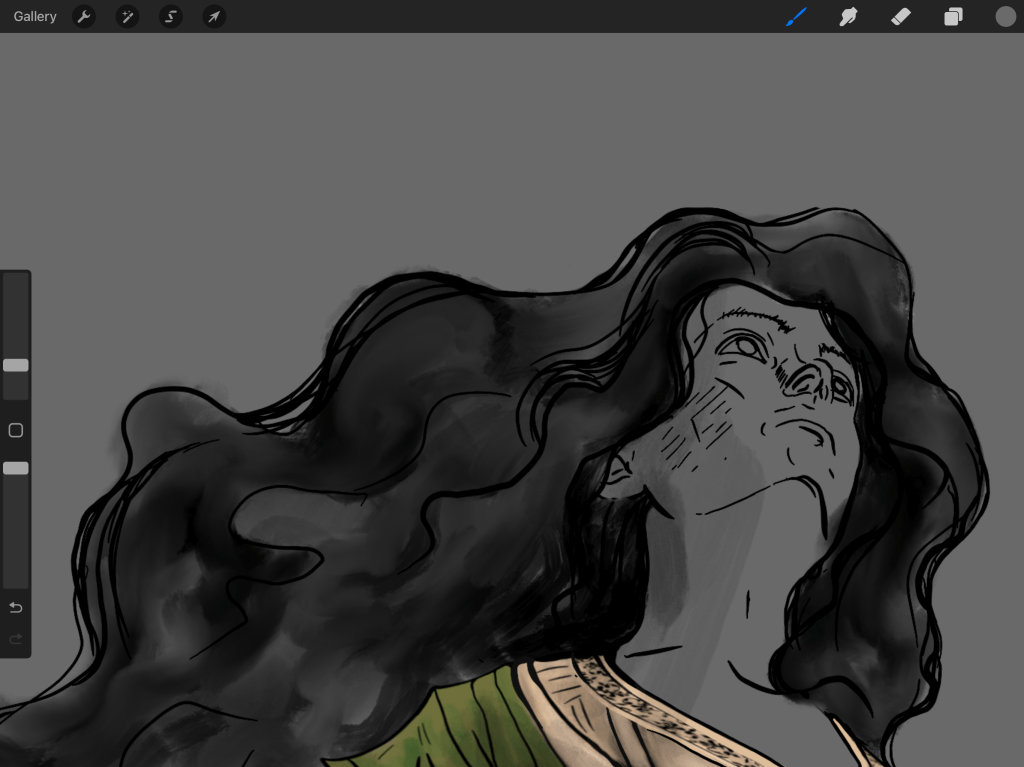 Rough sketch of a woman looking up and over the horizon. 