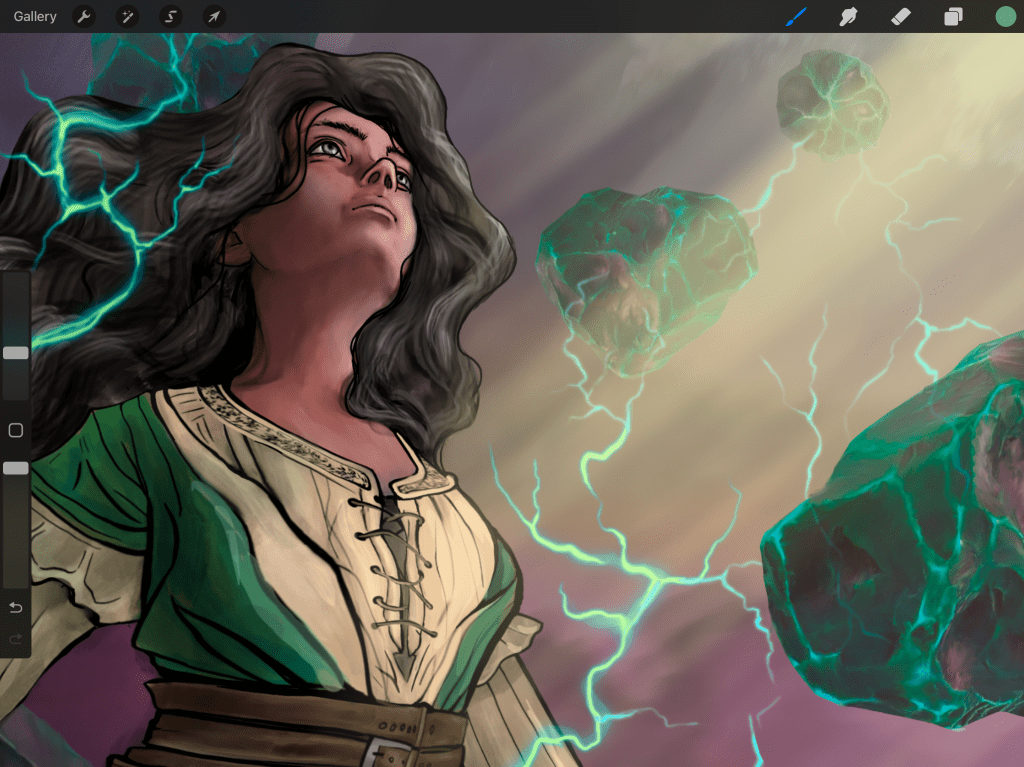 Part of the finished artwork. A portrait of a woman with a floating green rock in the background.