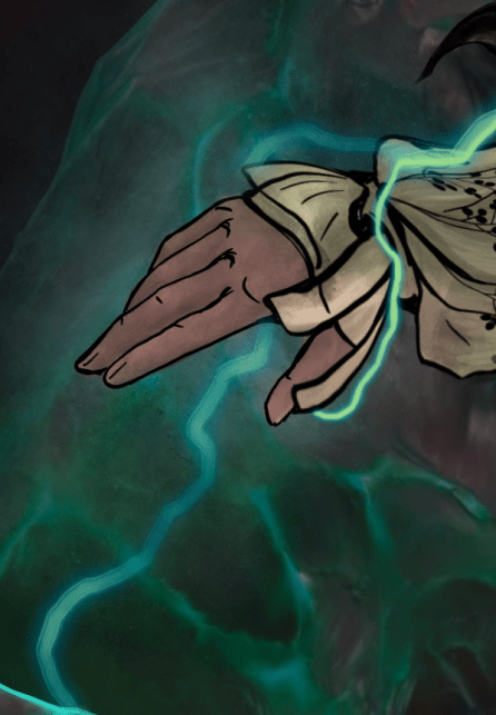 Digital drawing of a hand casting a bit of green lightning. 