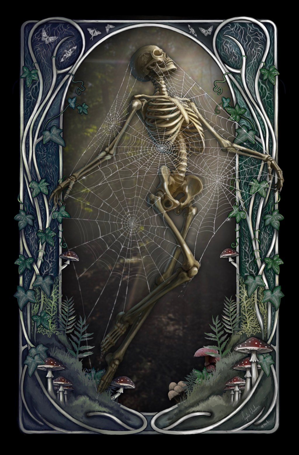 This is a digital drawing of a skeleton serenely floating up into rays of light in a forest type setting. The pose is calm and elegant, and they're wearing a lot of cobwebs. This is then framed by a forest and nature themed decorative art Nouveau frame featuring mushrooms, moss, Ivy, ferns, and moths. The middle part is nearly sepia toned, and the light is a little diffused and fuzzy.